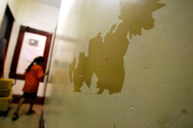 Children that have high levels of lead in their blood walk past a peeling lead paint wall July 25, 2003 in their apartment in the Brooklyn.